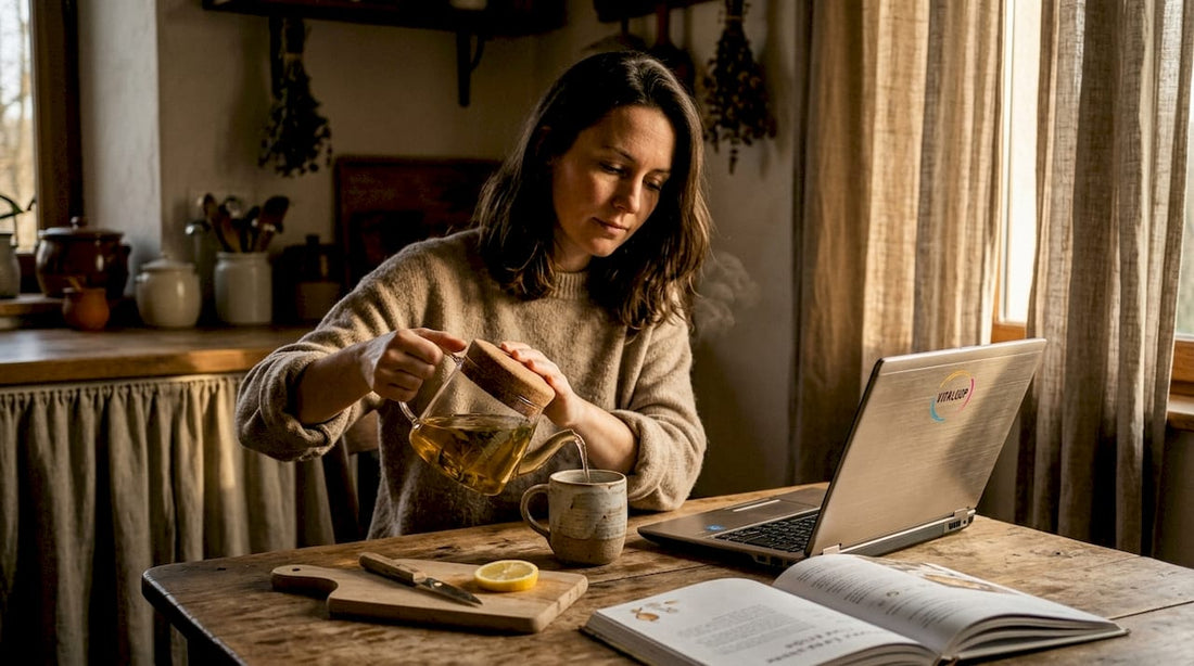 Installée à la table de sa cuisine, une femme verse délicatement une infusion aux plantes qu’elle a préparée elle-même.