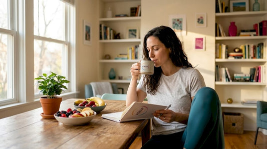 Une femme qui commence sa journée en prenant soin d’elle, entre petit-déjeuner équilibré, exercices matinaux et moment de détente pour bien démarrer.