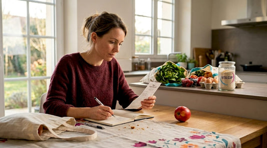 Une femme passe en revue son ticket de caisse après avoir fait ses courses, debout dans sa cuisine.