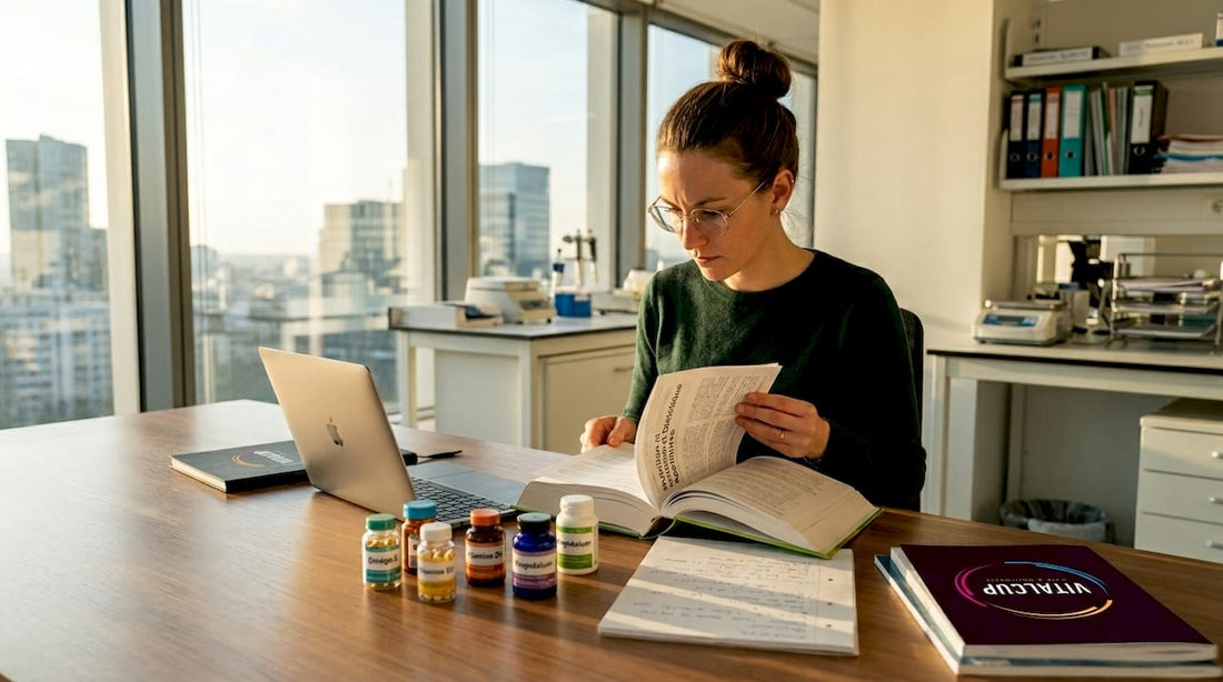 Un expert en nutrition en train d’étudier et d’évaluer les dernières publications scientifiques sur les compléments alimentaires.