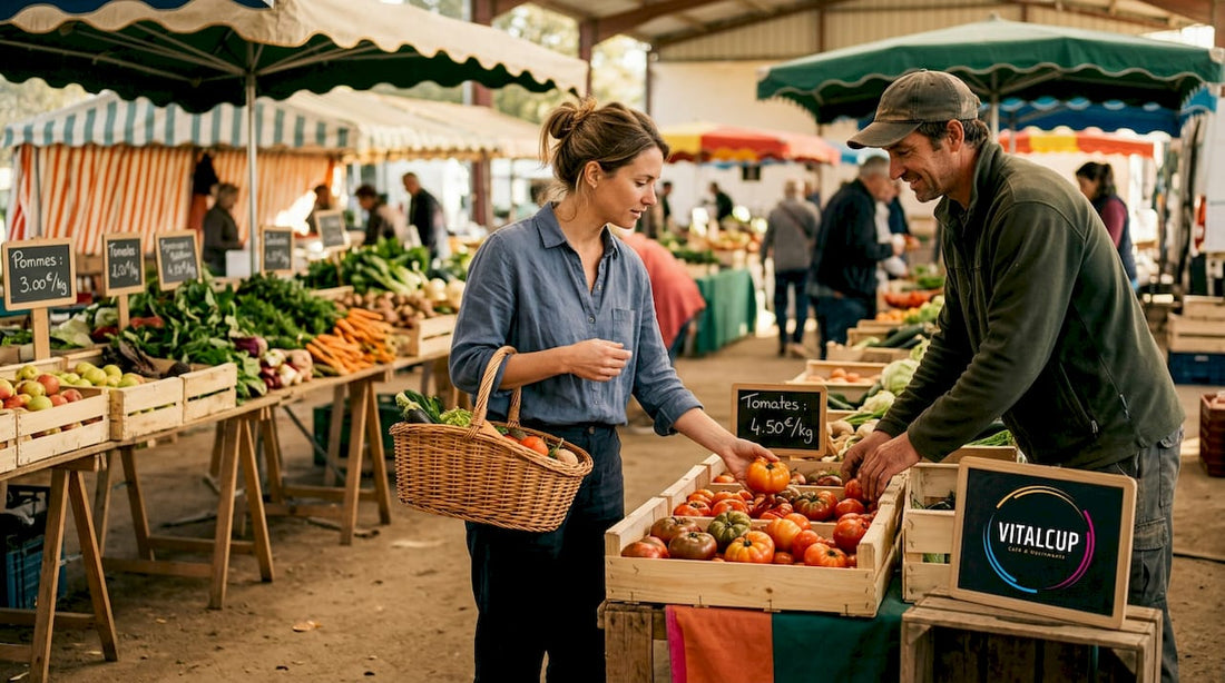 Un client sélectionne des fruits et légumes frais sur un marché en plein air.
