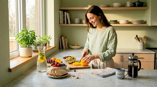 Une femme prépare un petit-déjeuner sain et plein d'énergie avec des ingrédients naturels.