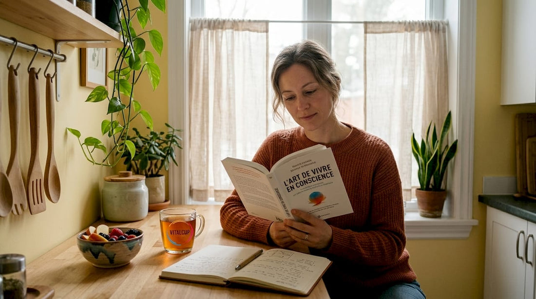 Une femme plongée dans la lecture d’un magazine consacré au bien-être mental.