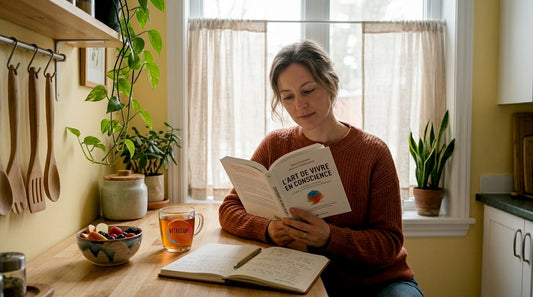 Une femme plongée dans la lecture d’un magazine consacré au bien-être mental.