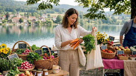 Une cliente prend le temps de choisir de beaux fruits frais et locaux sur un étal du marché.