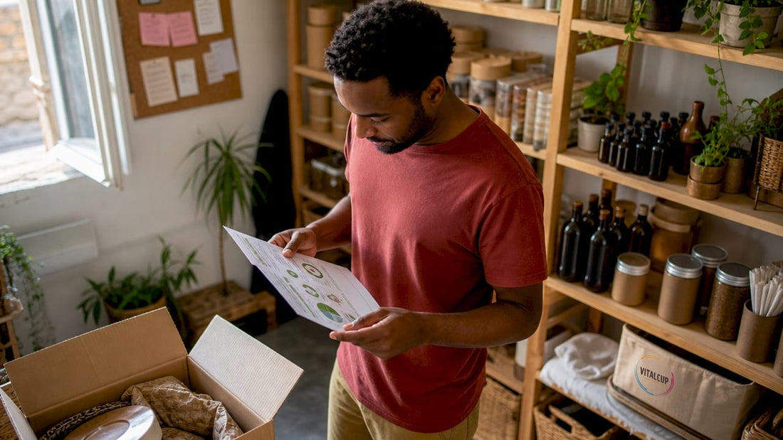 Un commerçant parcourt attentivement le rapport de sa boutique engagée, soucieux de suivre l’évolution et l’impact de ses actions.