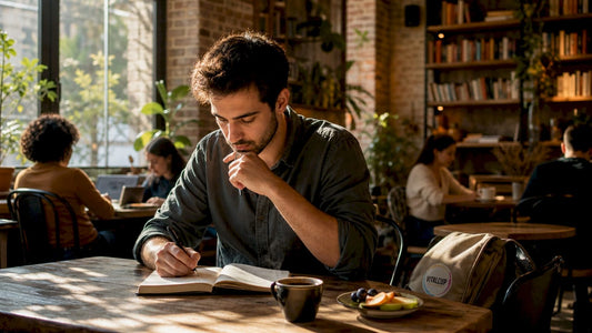 Un homme savoure son café accompagné de snacks sains et énergétiques.