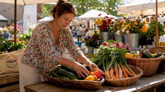 Un maraîcher propose ses légumes frais sur le marché du village.