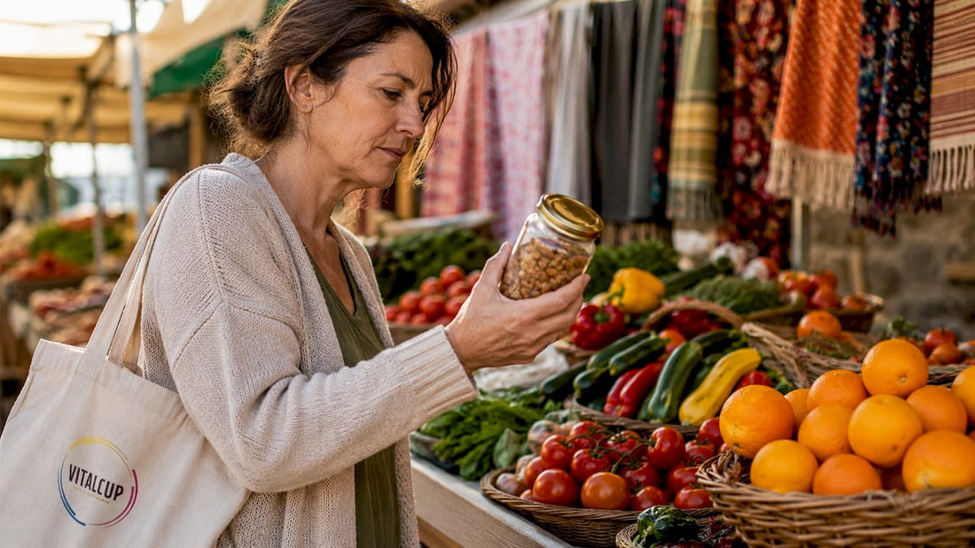 Une femme examine attentivement les étiquettes des produits dans les rayons du supermarché, soucieuse de faire des choix alimentaires sains.