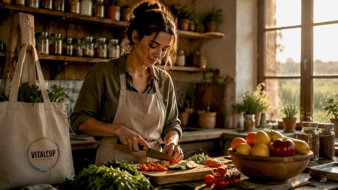 Une femme s’affaire en cuisine à concocter un repas bio, respectueux de l’environnement.
