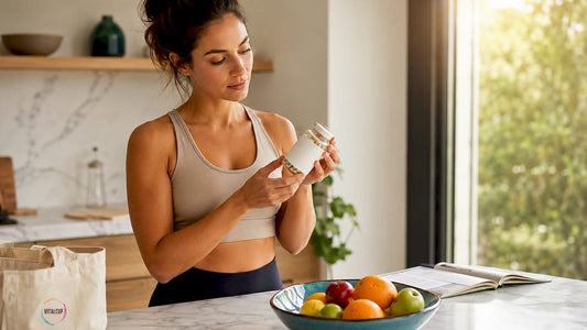Une femme souriante présente un produit de santé naturel dans une cuisine baignée de lumière.