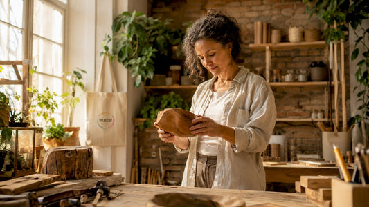 Un artisan examine avec soin un produit respectueux de l’environnement dans son atelier.