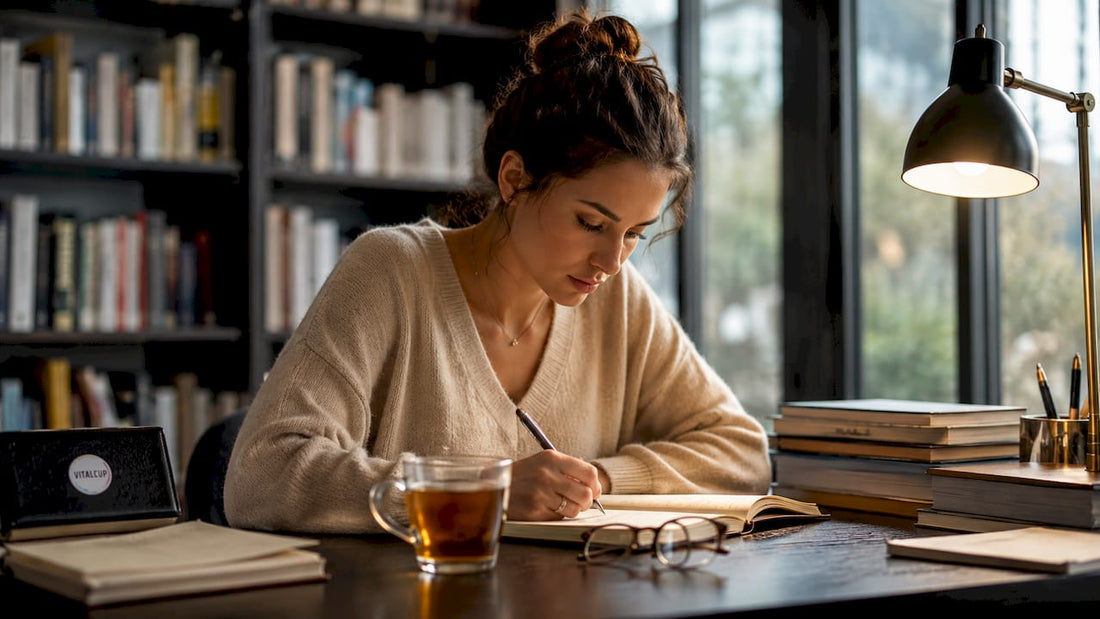Une jeune femme plongée dans sa lecture, griffonnant des notes à son bureau au cœur de la bibliothèque.