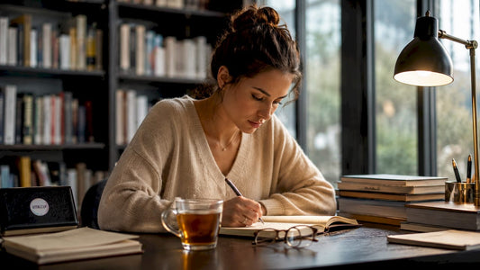 Une jeune femme plongée dans sa lecture, griffonnant des notes à son bureau au cœur de la bibliothèque.