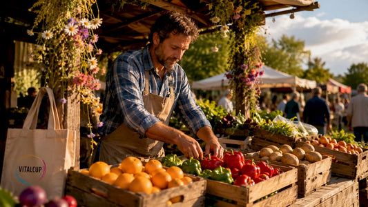 Producteur local proposant ses fruits et légumes frais sur le marché du village.