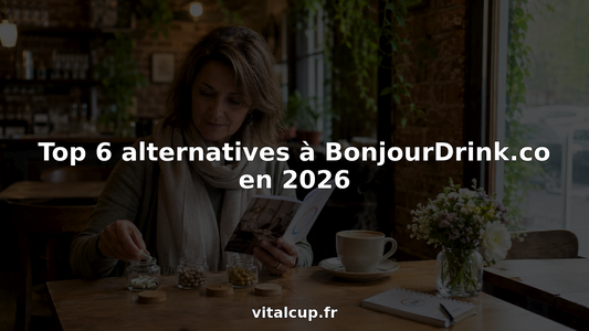 Une femme découvre les compléments alimentaires Vitalcup en les testant tranquillement installée à sa table de cuisine.
