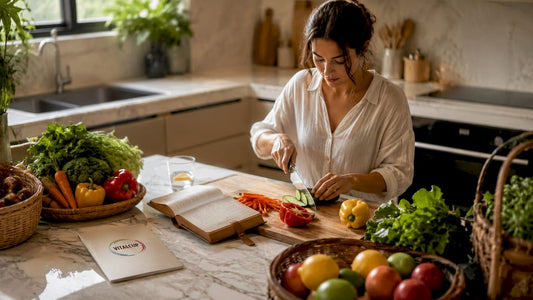 Une femme cuisine un plat équilibré dans une cuisine contemporaine.