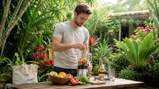 Un homme en train de préparer un smoothie plein de vitamine C