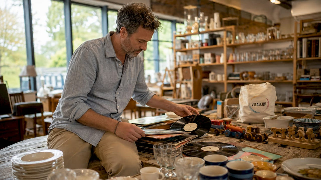 Un homme s’occupe du tri des objets dans le cadre d’une initiative de recyclage solidaire.
