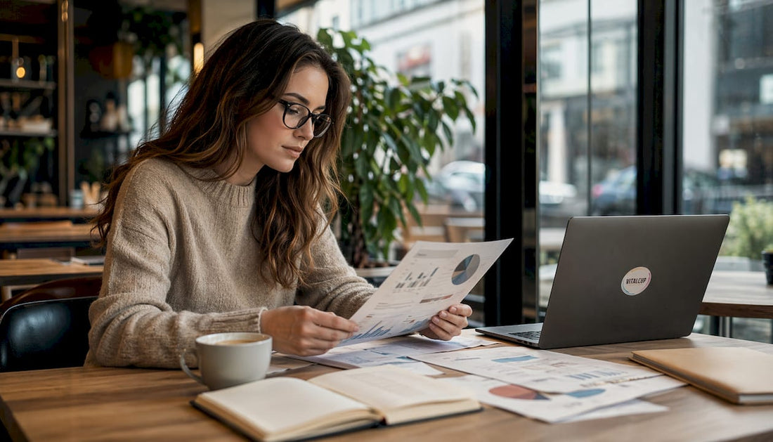 Une femme examine attentivement des documents pour vérifier la transparence d’une marque.