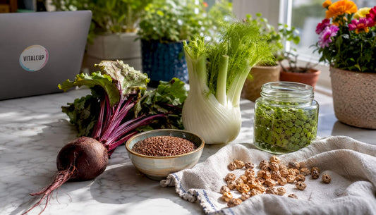 Présentation de cinq super-aliments soigneusement disposés sur une table en bois.