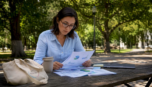 Une cadre feuillette attentivement un rapport sur l’environnement.