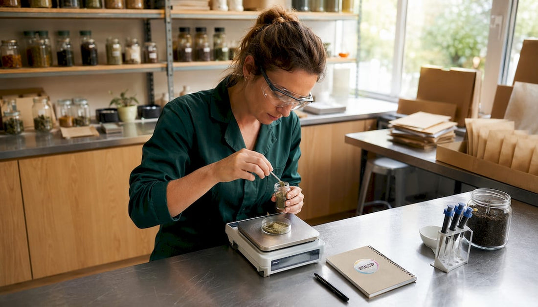 Un technicien de laboratoire analyse avec précision les ingrédients d’un complément alimentaire respectueux de l’environnement.