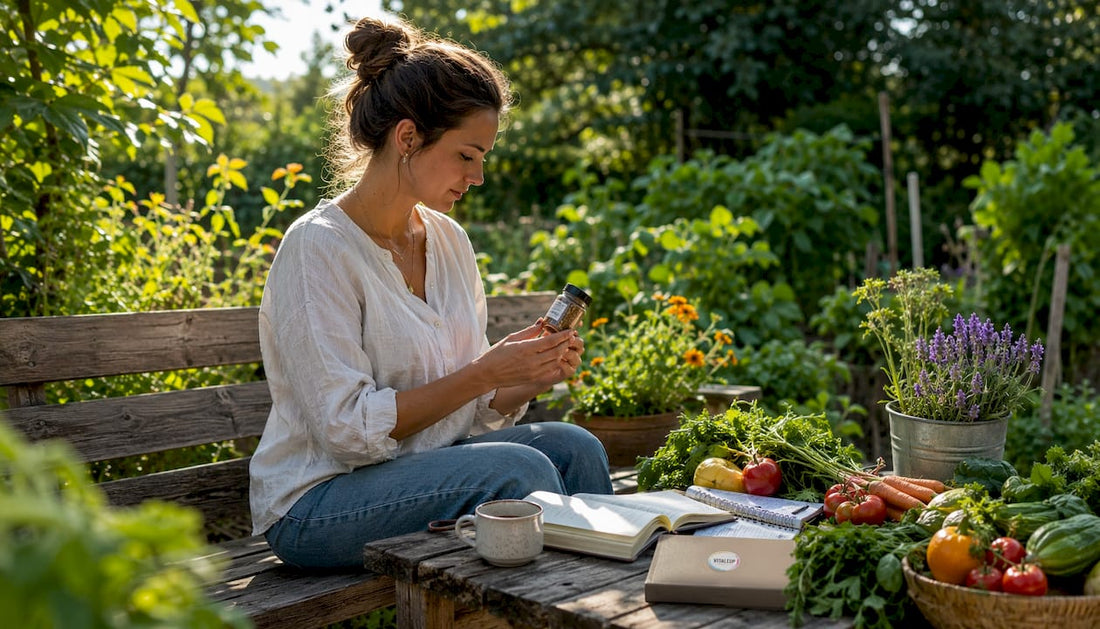 Une diététicienne passe en revue des compléments alimentaires naturels dans sa cuisine.