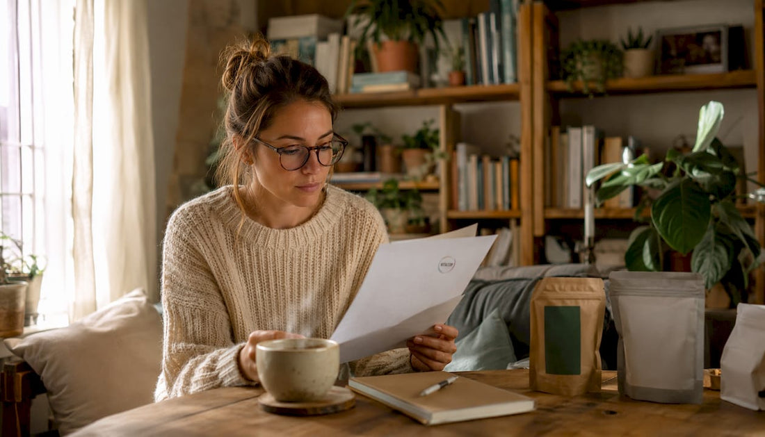 Assise à sa table, une femme examine attentivement le certificat d’une marque engagée dans l’éthique.