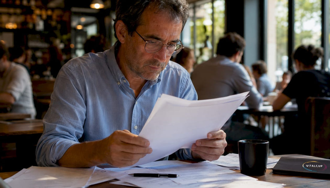 Un homme consulte un dossier consacré aux compléments alimentaires.