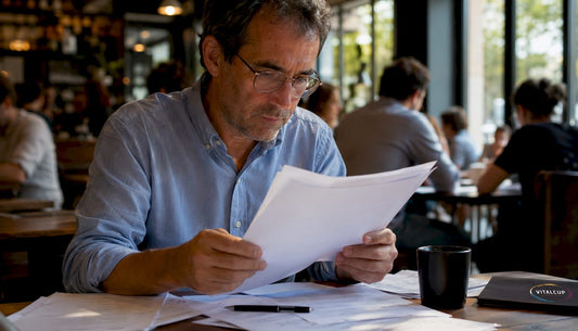 Un homme consulte un dossier consacré aux compléments alimentaires.