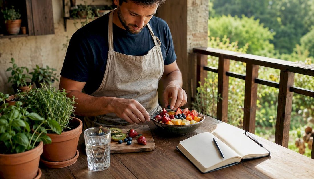 Un homme s’affaire à préparer un bol de fruits frais pour bien démarrer sa matinée.