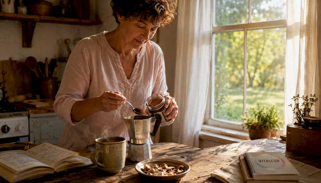 Une femme prépare son café aux champignons dans sa cuisine, profitant d’un moment de détente pour savourer une boisson originale.