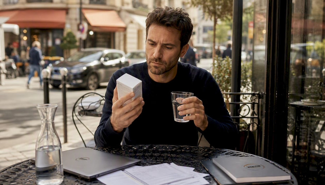 Un homme observe attentivement un complément alimentaire posé sur la table.