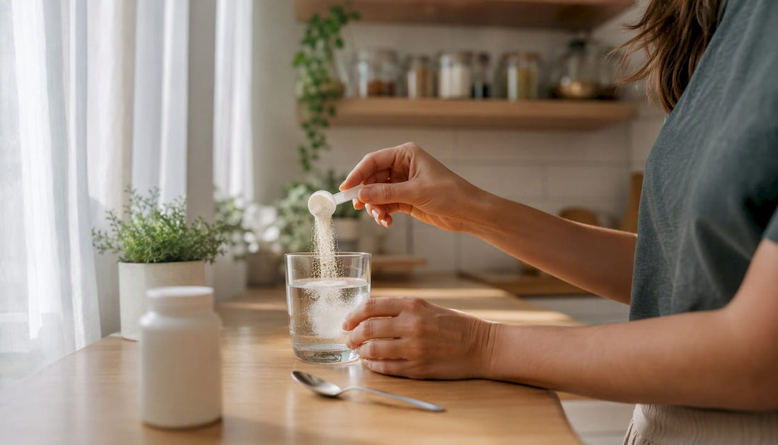 Des mains versent de la poudre de magnésium dans un verre d’eau.