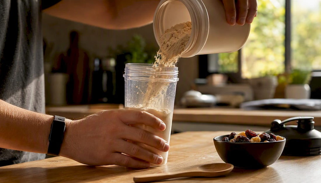 On verse une dose de poudre de glucides dans un shaker, prêt à être mélangée.