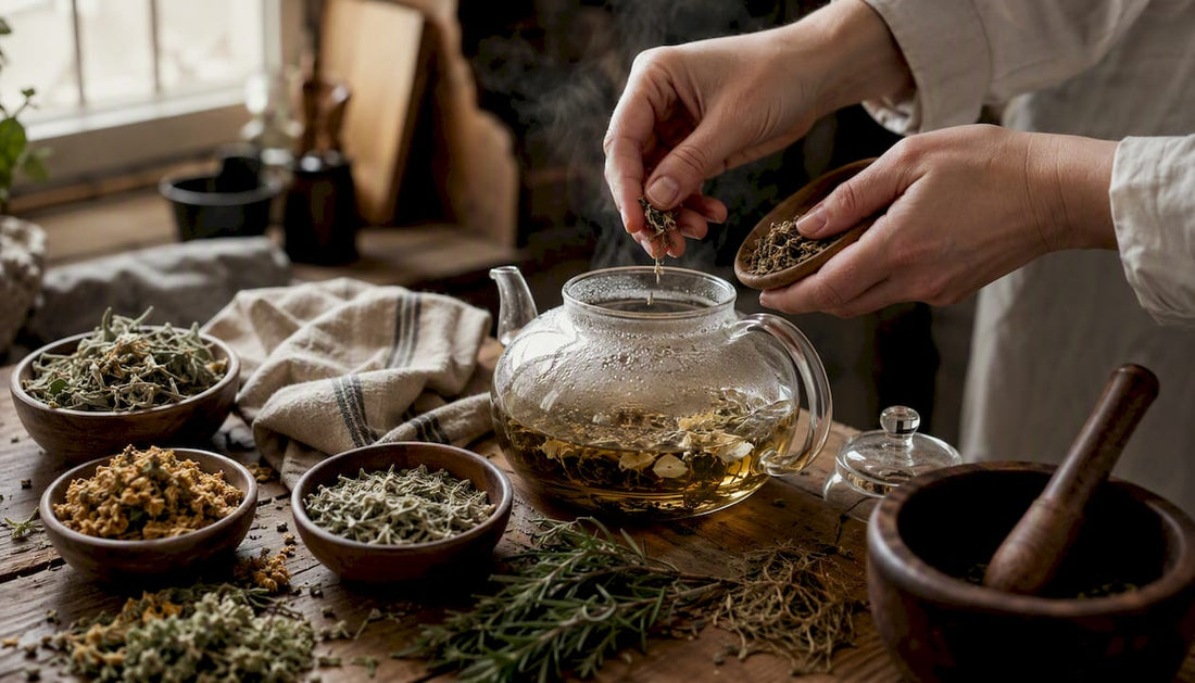 Des mains s'affairent à préparer une infusion détox à base de plantes.