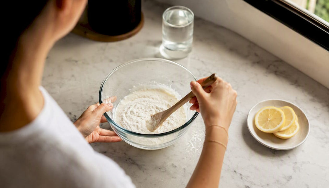 On voit des mains en train de doser de la poudre de collagène dans une cuisine.