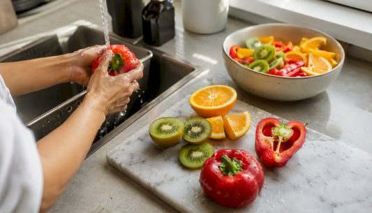 Une sélection de fruits et légumes gorgés de vitamine C disposés sur le plan de travail