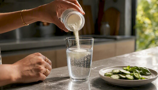 On verse délicatement de la poudre de peptides de collagène dans un verre d’eau.