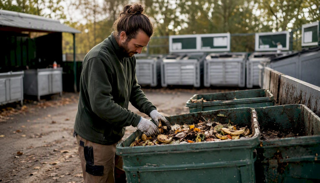 Un employé trie les déchets alimentaires pour les déposer dans des bacs à compost.