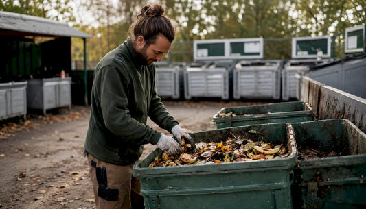 Un employé trie les déchets alimentaires pour les déposer dans des bacs à compost.