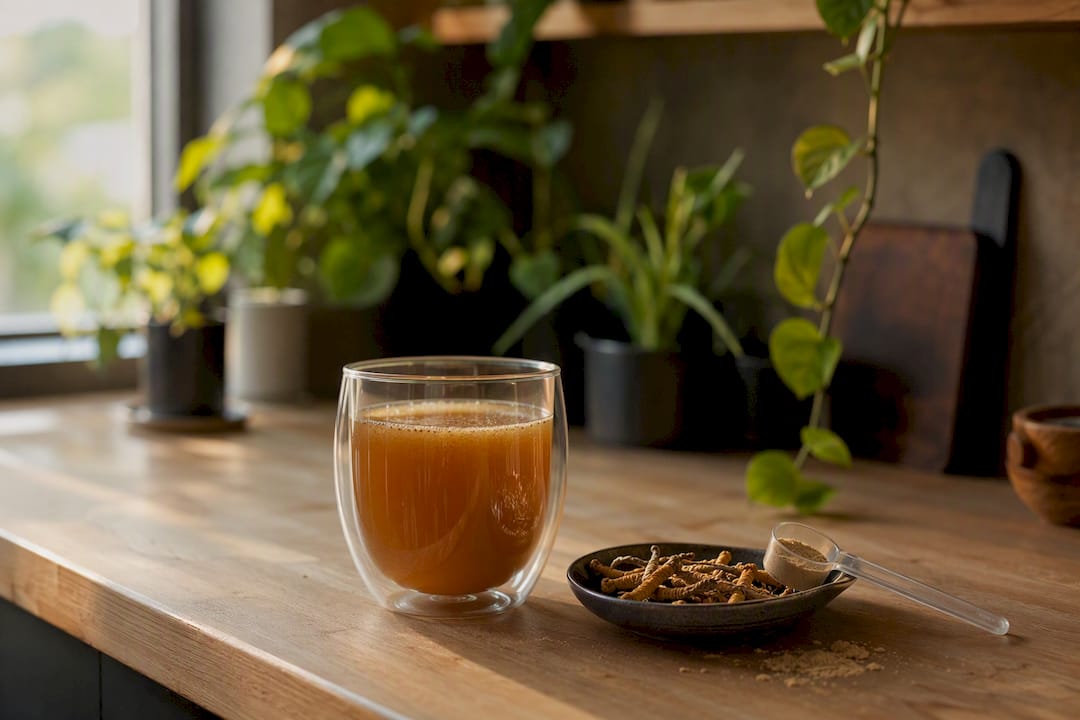 Verre de tonic aux cordyceps et champignons séchés
