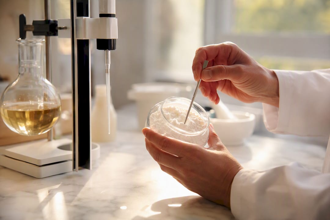 Mains manipulant de la poudre d'hydrolysat de collagène en laboratoire
