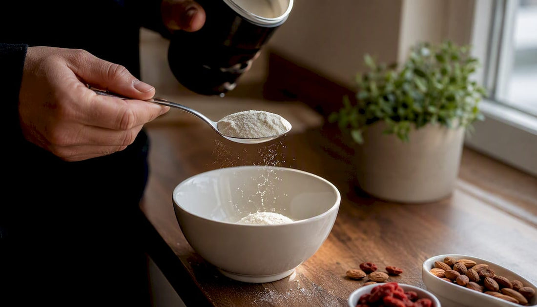 Mains mesurant de la poudre de collagène dans la cuisine