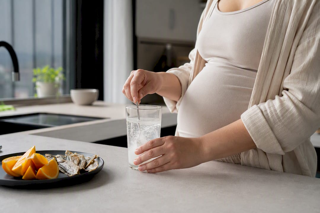 Mains remuant une boisson au collagène pendant la grossesse