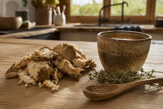 Gros plan sur des champignons crinière de lion séchés et une infusion aux herbes