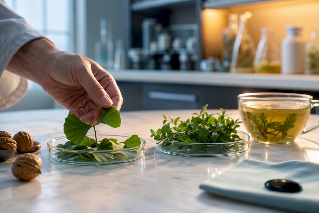 Feuilles de ginkgo et bacopa en laboratoire