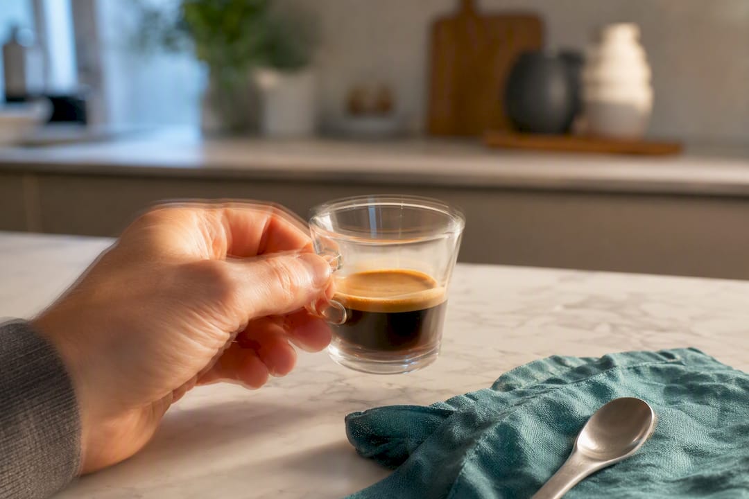 Main qui tremble en tenant une tasse d’espresso