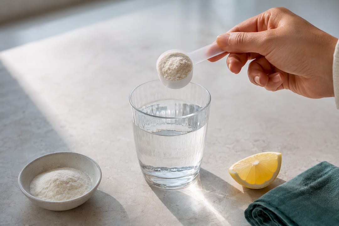 Main en train de mesurer une dose de peptides de collagène